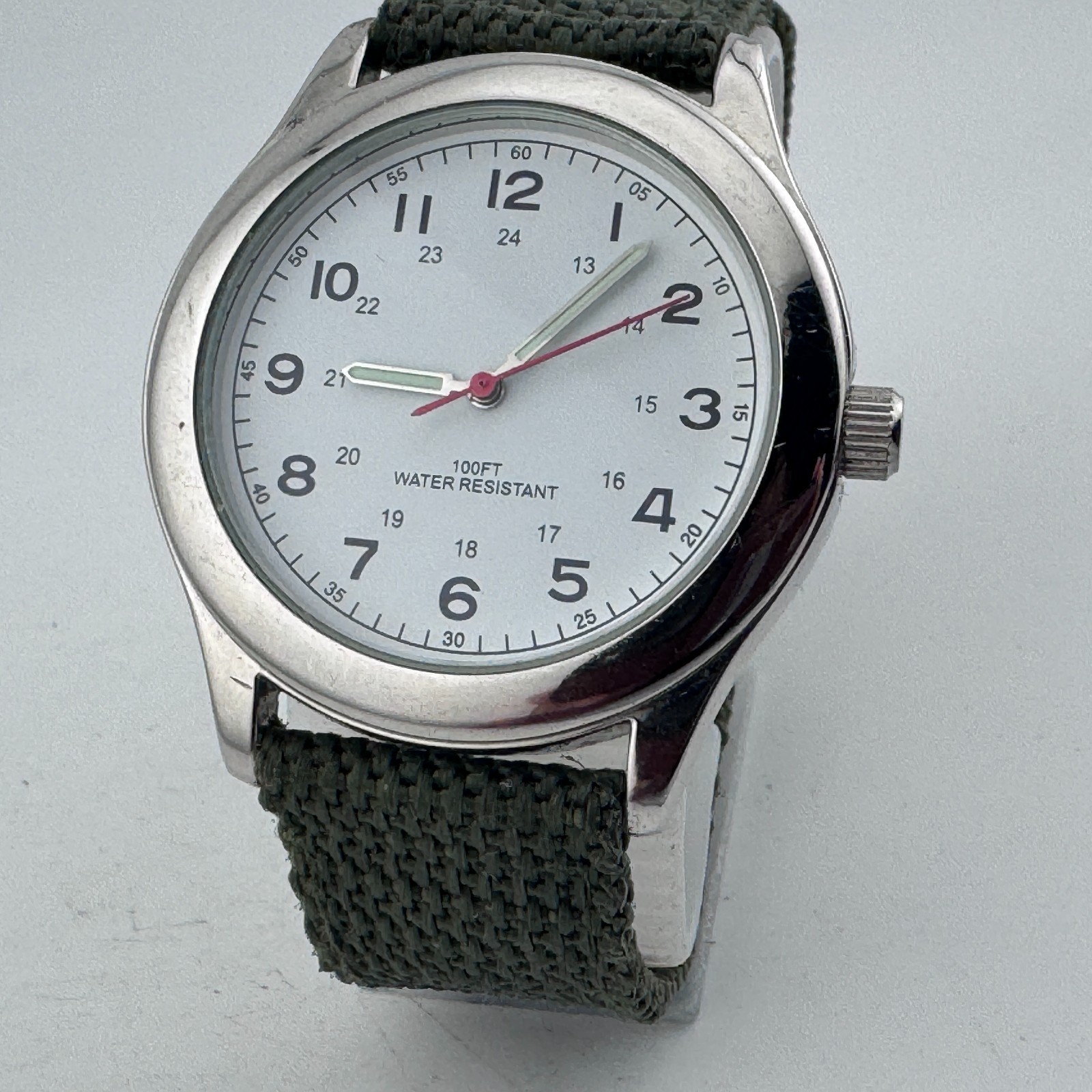 VTG FMD Japan Quartz Watch Men 30m Silver Canvas Military Dial Analog New Batter