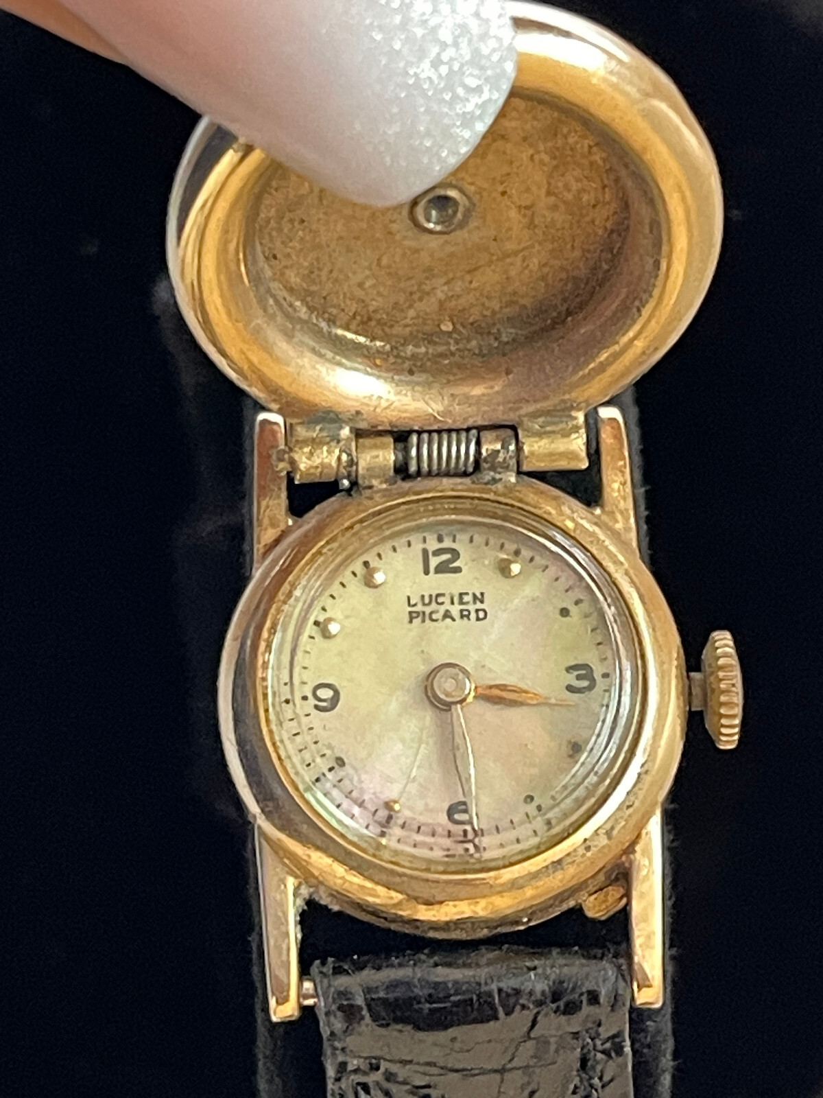 Vintage Lucien Piccard Flip Top Covered Watch with Pearls and 14k Yellow Gold.
