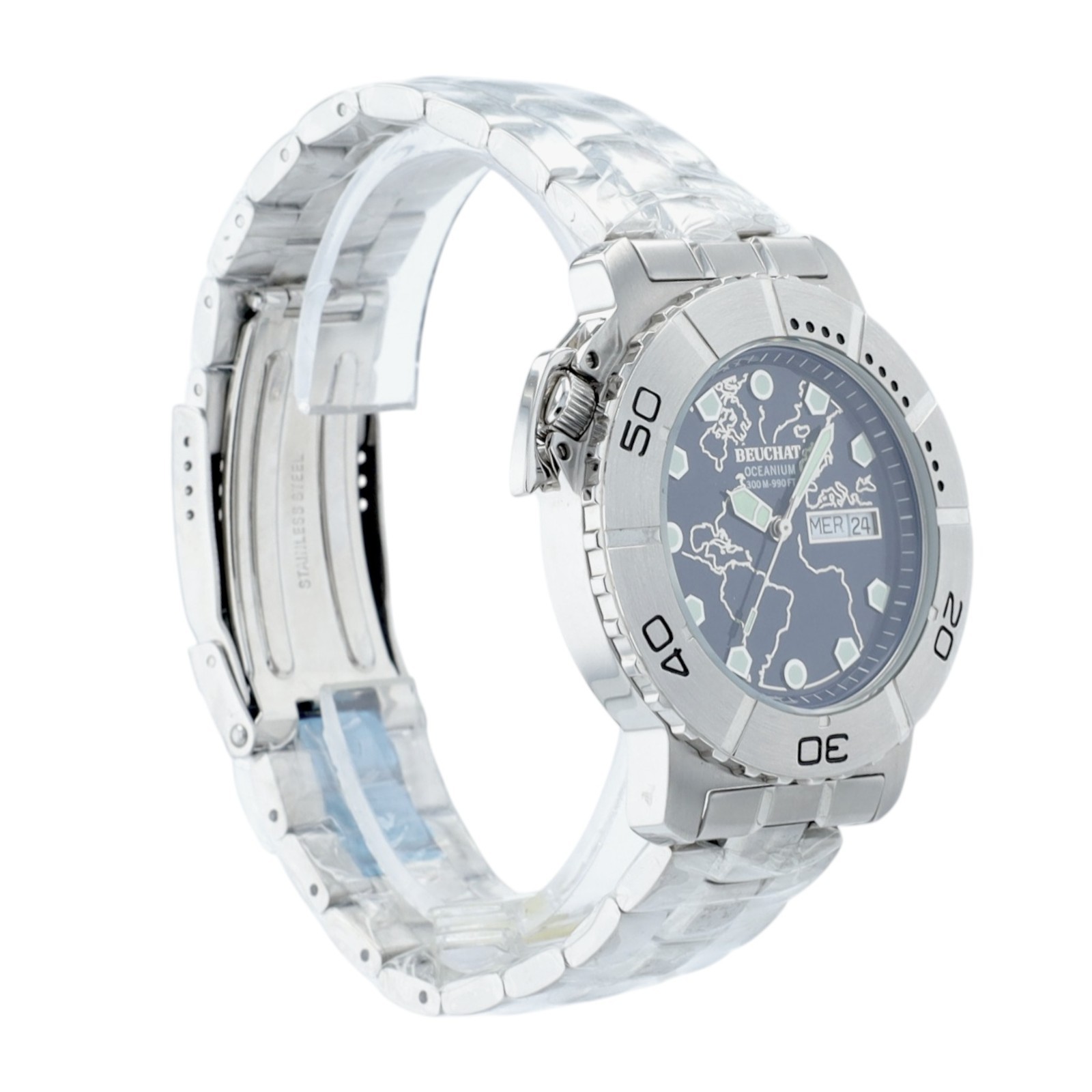Beuchat Oceanium Mens Blue Watch 300M Diver World Map Dial Swiss Steel Day Date