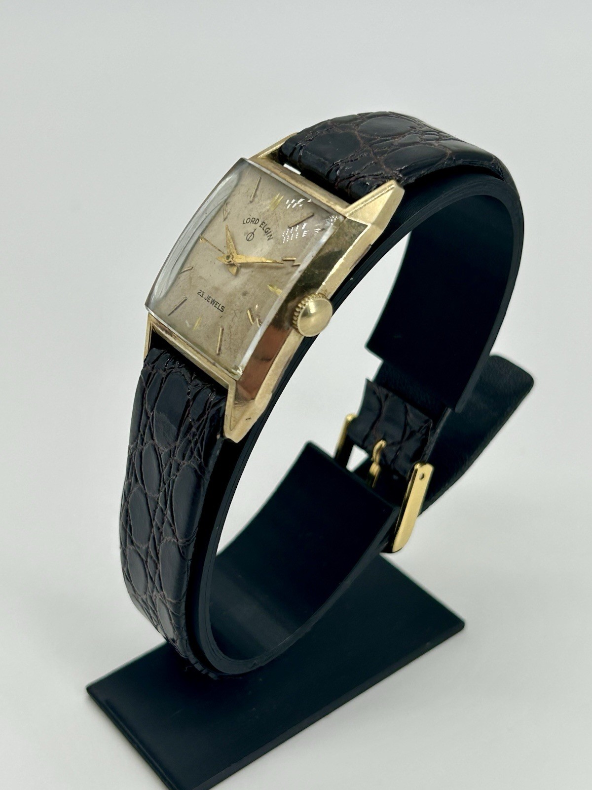 Vintage Lord Elgin 23J Cal. 750 14K Gold Filled Tank Watch 1950s Runs 24mm