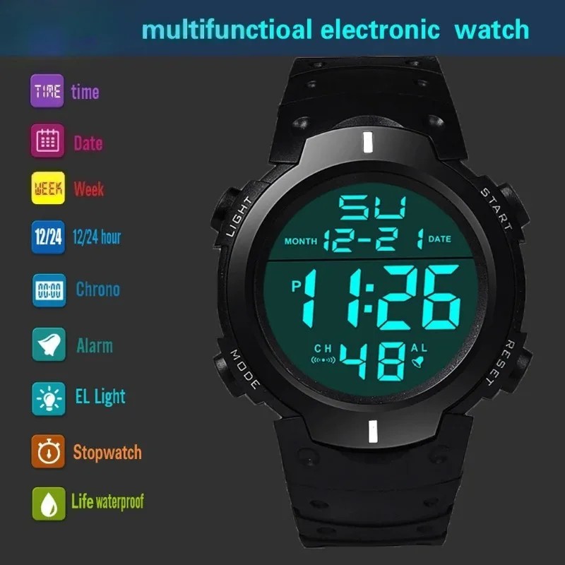 Men s Military Digital Watch LED Screen Sports Large Face Waterproof Wristwatch
