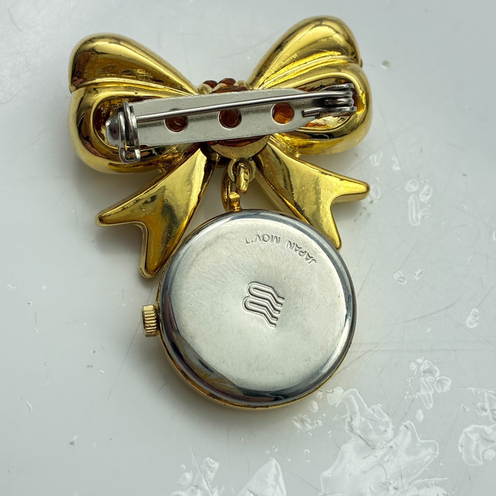 Bonetto Bow Brooch Watch Gold Tone Rhinestone Dangle Quartz Pin