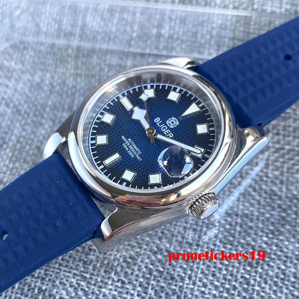 BLIGER 36mm/39mm Polished Case NH35A Automatic Men Watch Grid Dial Date Rubber