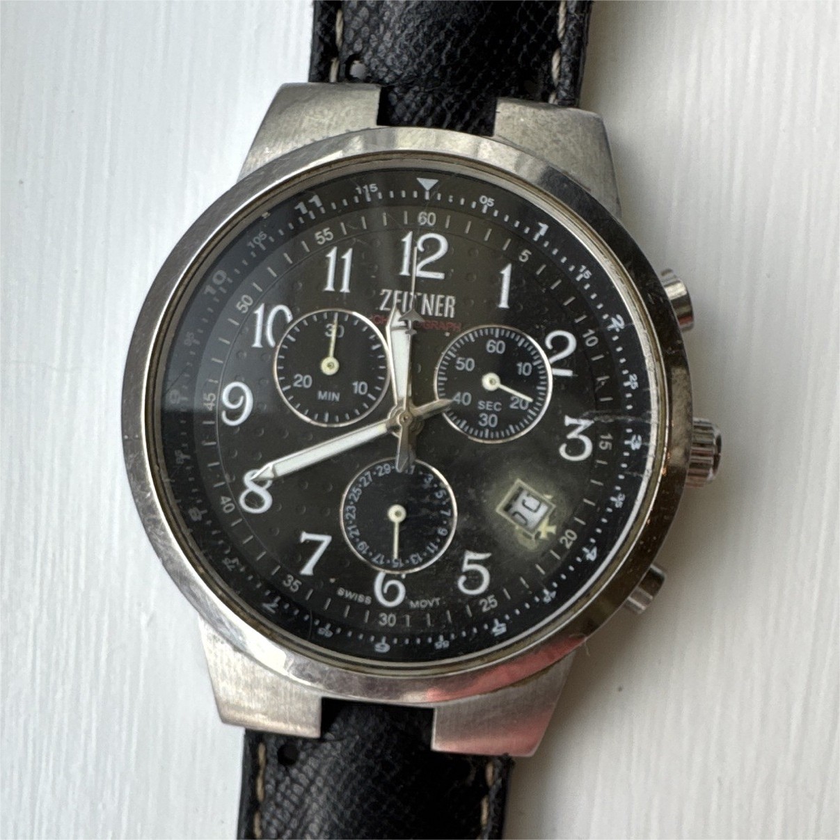Zeitner Men’s Quartz Chronograph Date 10 ATM Black Dial Silver Steel Leather