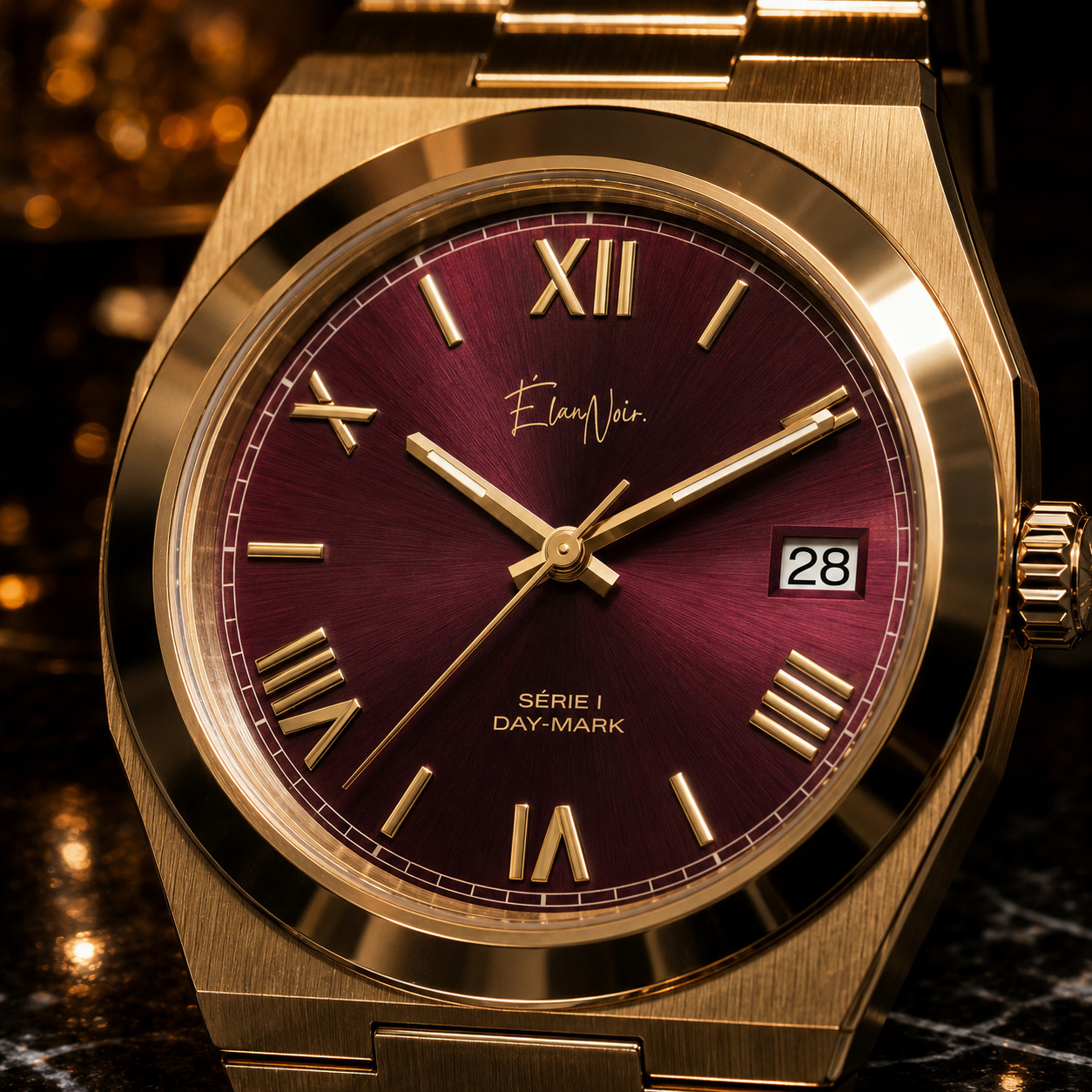 Custom Élan Noir Série I Gold/Maroon 36mm Auto NH35 Sapphire Steel Watch