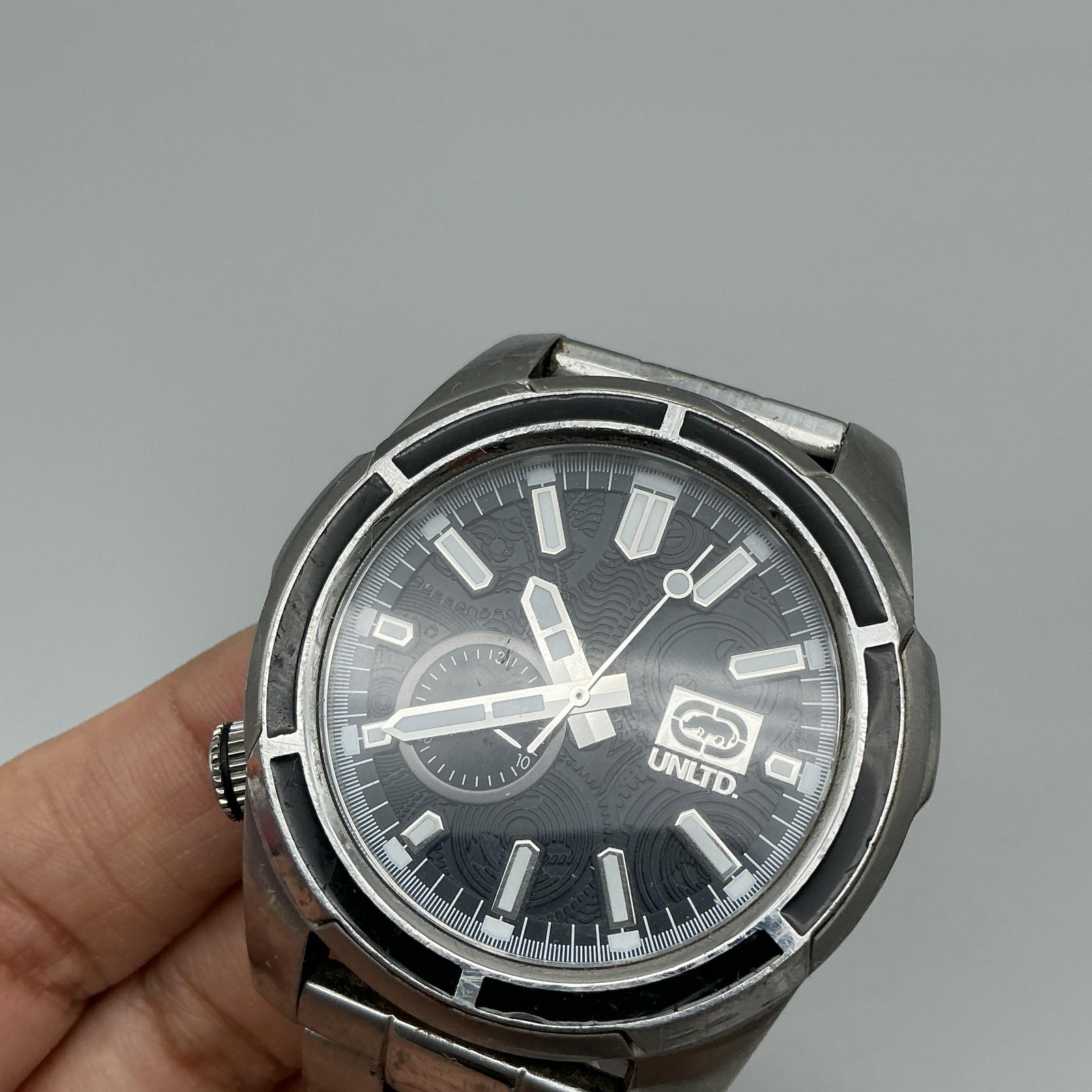 UNLTD. By Marc Ecko E-15033G1 Mens Watch 46mm Black Dial Steel Bracelet 8″