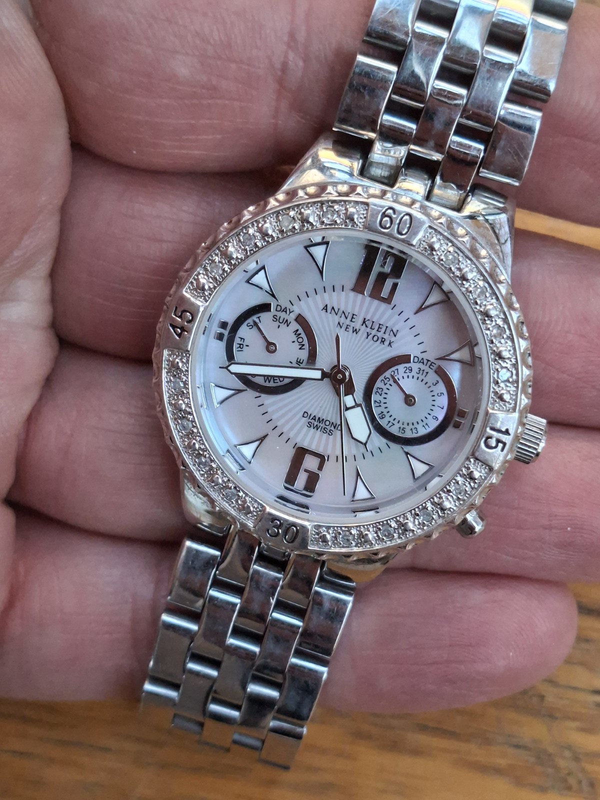 Anne Klein day/date 12/1977 gemmed stainless steel Ladies luxury watch