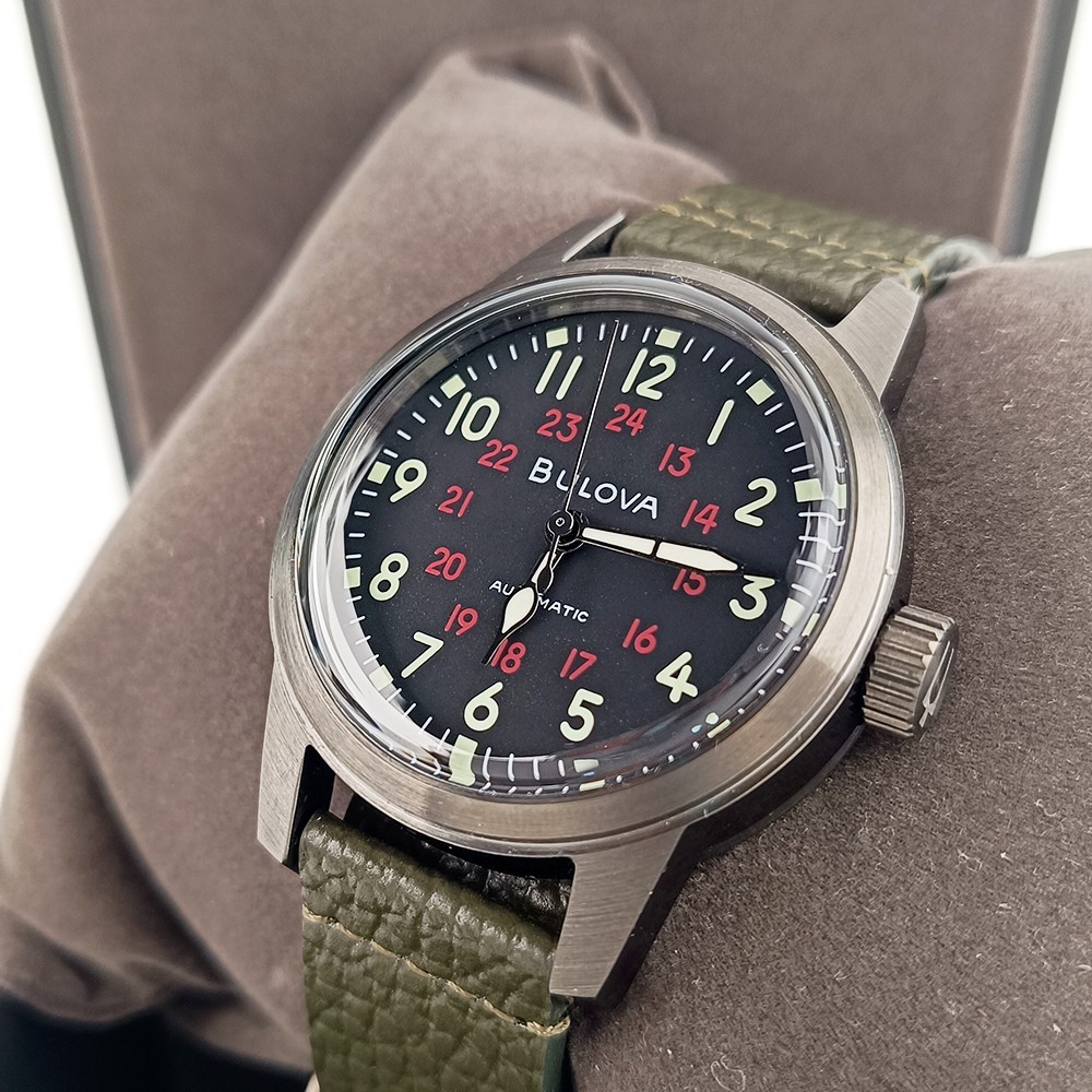 Bulova Military Hack 98A255 Black Dial Green Leather Strap Automatic Men’s Watch