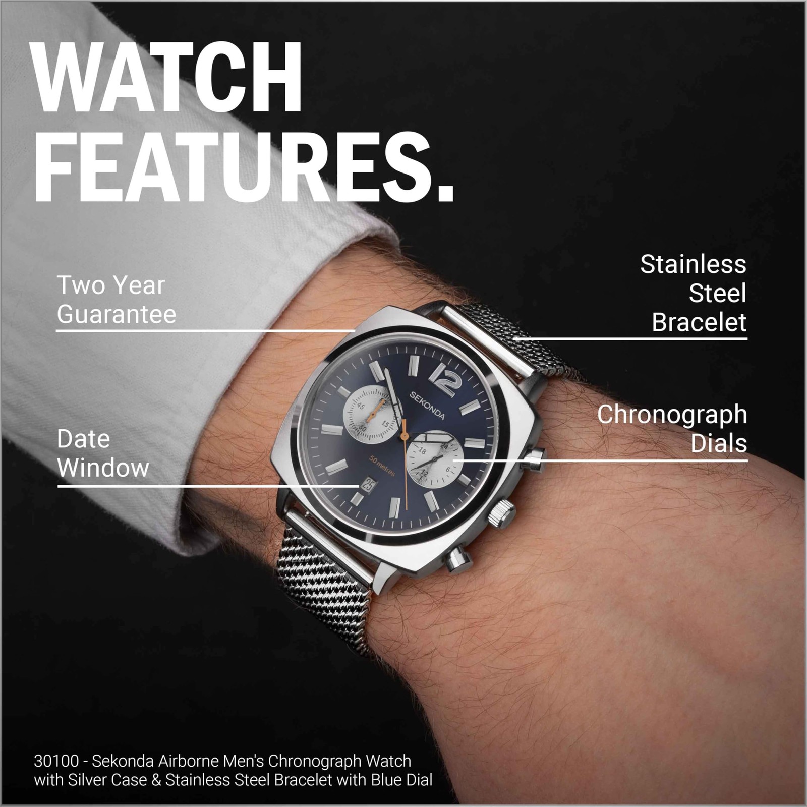 Sekonda Airborne Mens 40mm Chronograph Watch in Blue with Analogue Date Display