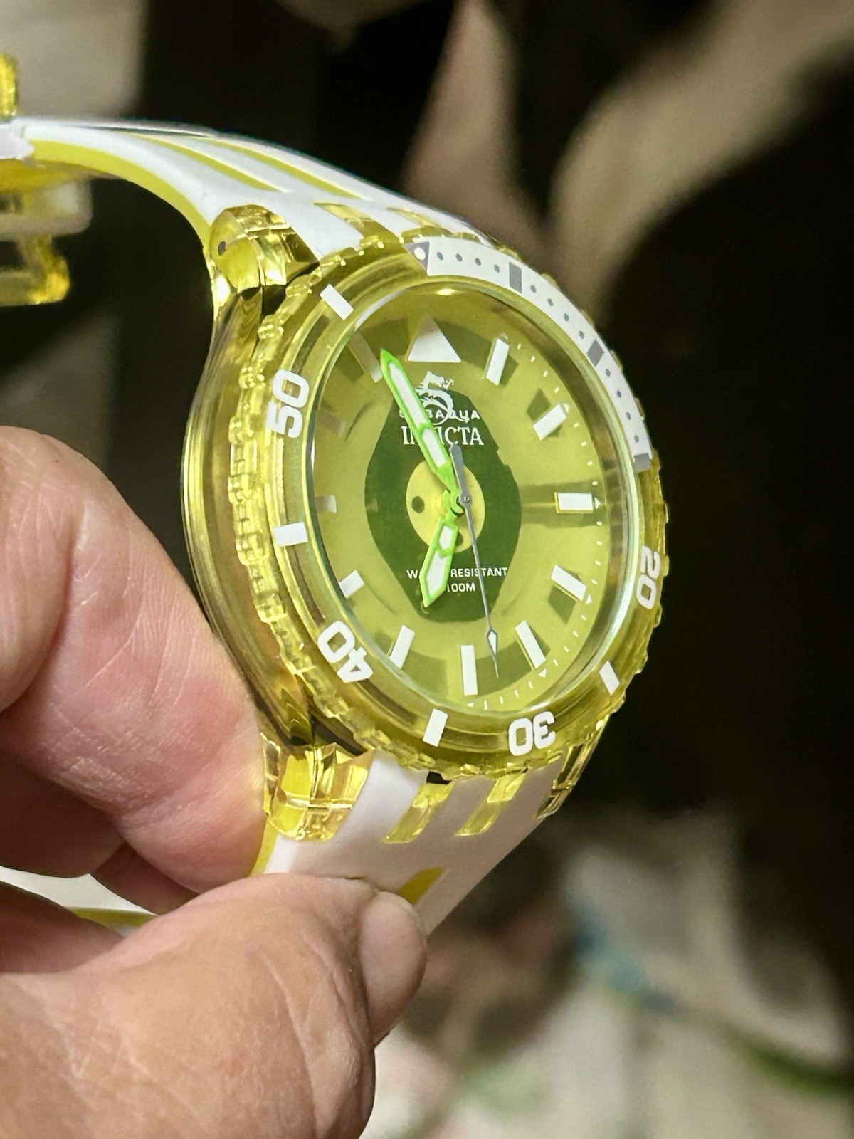 INVICTA Subaqua 44mm Watch, WR 100m, 8” Wrist, New/Box/3yr Wnty, Yellow & White