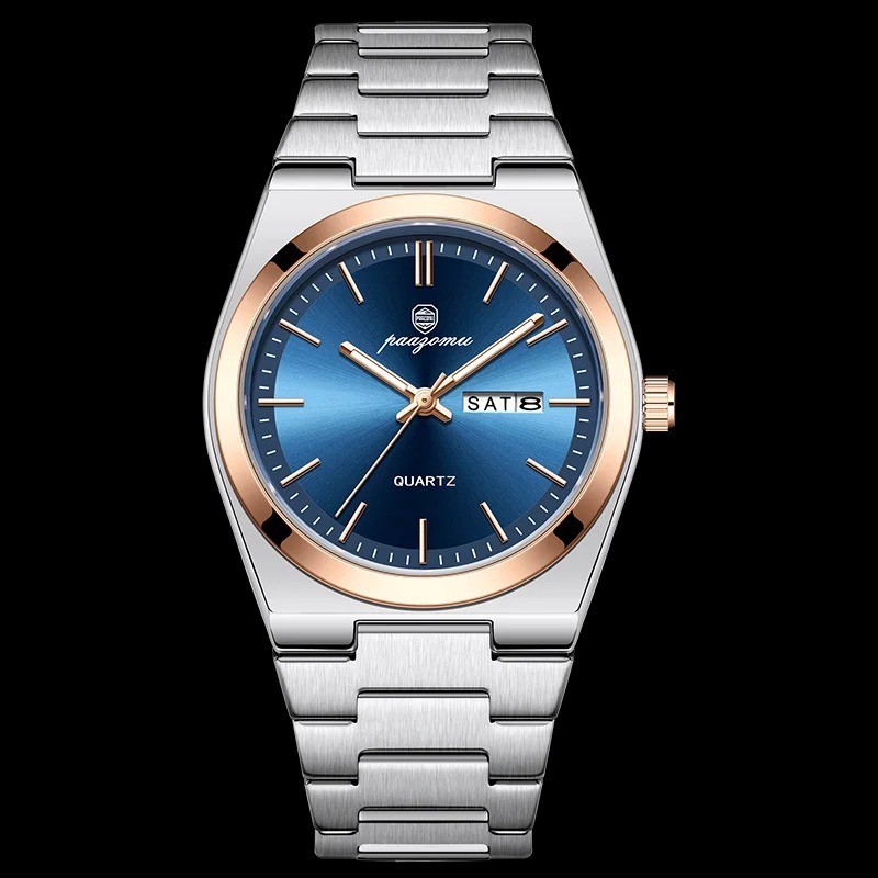Mens Quartz Watch Stainless Steel Waterproof Luminous Multifunction Wristwatch