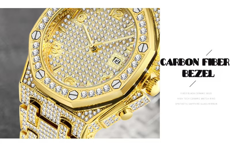 Moissanite like Zircon(AAA) diamond Quartz Watch | Octagonal Waterproof Calendar