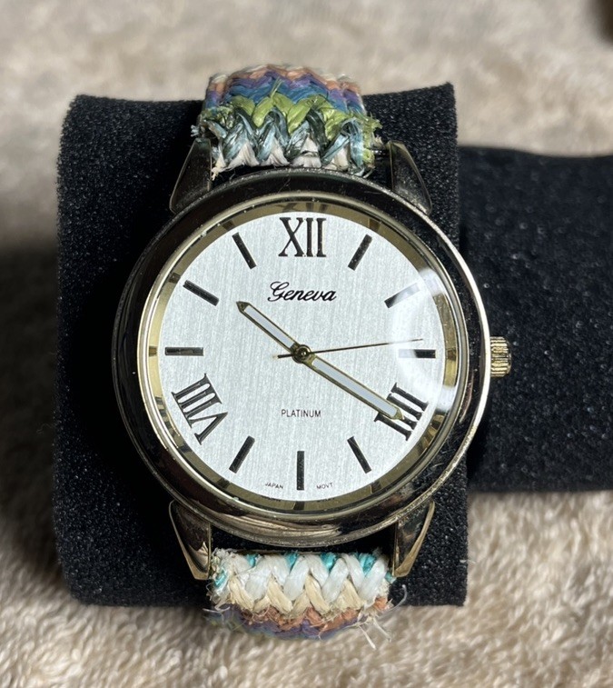 Geneva Gold Tone Watch Multi-color Adjustable Woven Yarn Band Roman Numerals