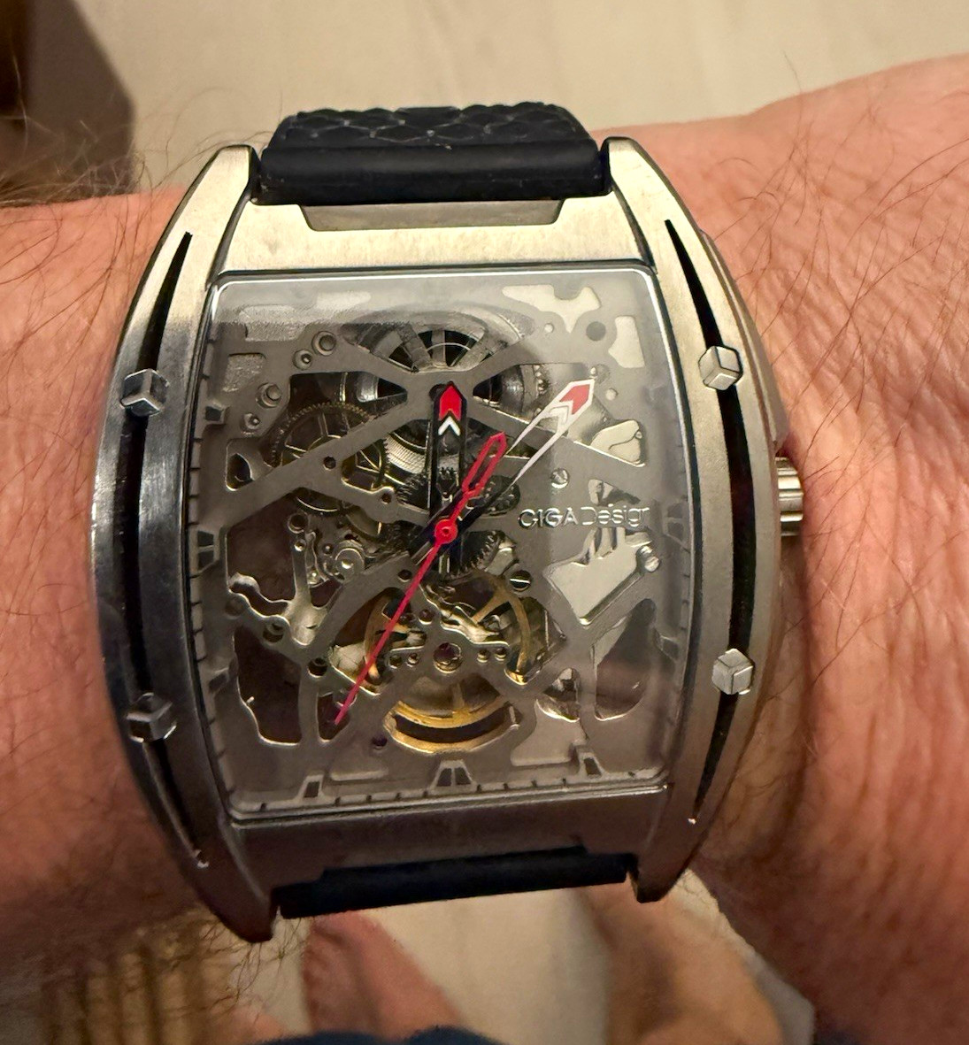 CIGA Design X Series Skeleton Dial Automatic Tonneau Watch Silver Black Rubber