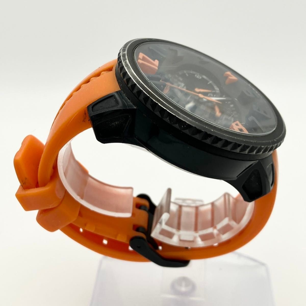 Tendence Gulliver Round Chronograph Mens Watch Black PVD Orange Rubber Band