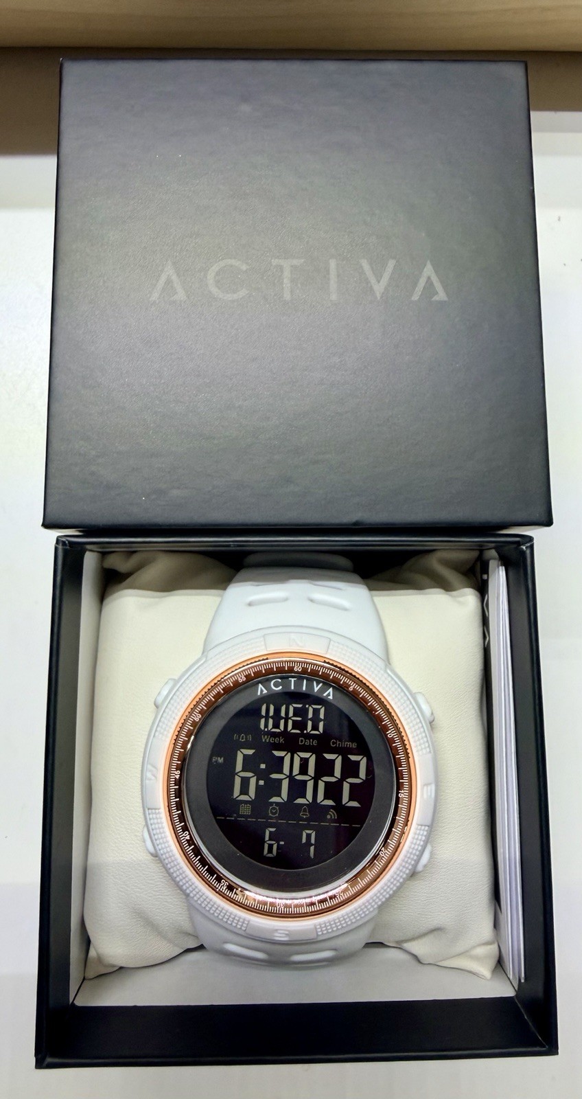 Activa Sport Quartz Digital Alarm Day/Date White Resin Strap Rose Gold Bezel