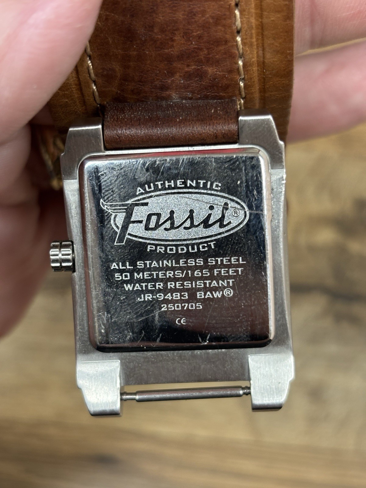 Fossil Watch Men Silver Tone Rectangle Date Retro JR-9483 Leather