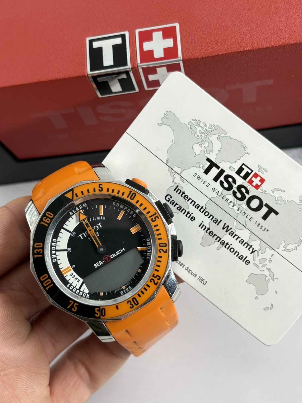 Tissot Sea-Touch box paper 44mm Orange Diver Rubber Watch Read Description