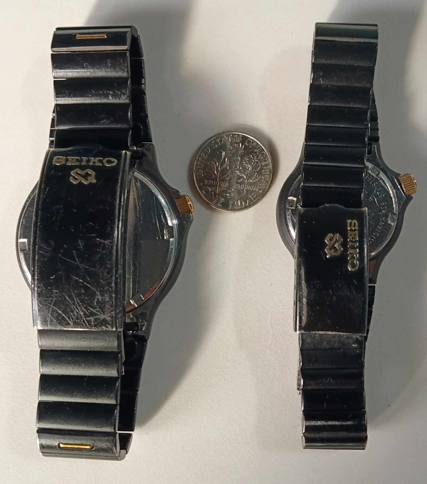 SEIKO SQ SPORTS 100 HIS HERS 1985 WATCH SET BLACK W/ GOLD ACCENTS RUNS GREAT