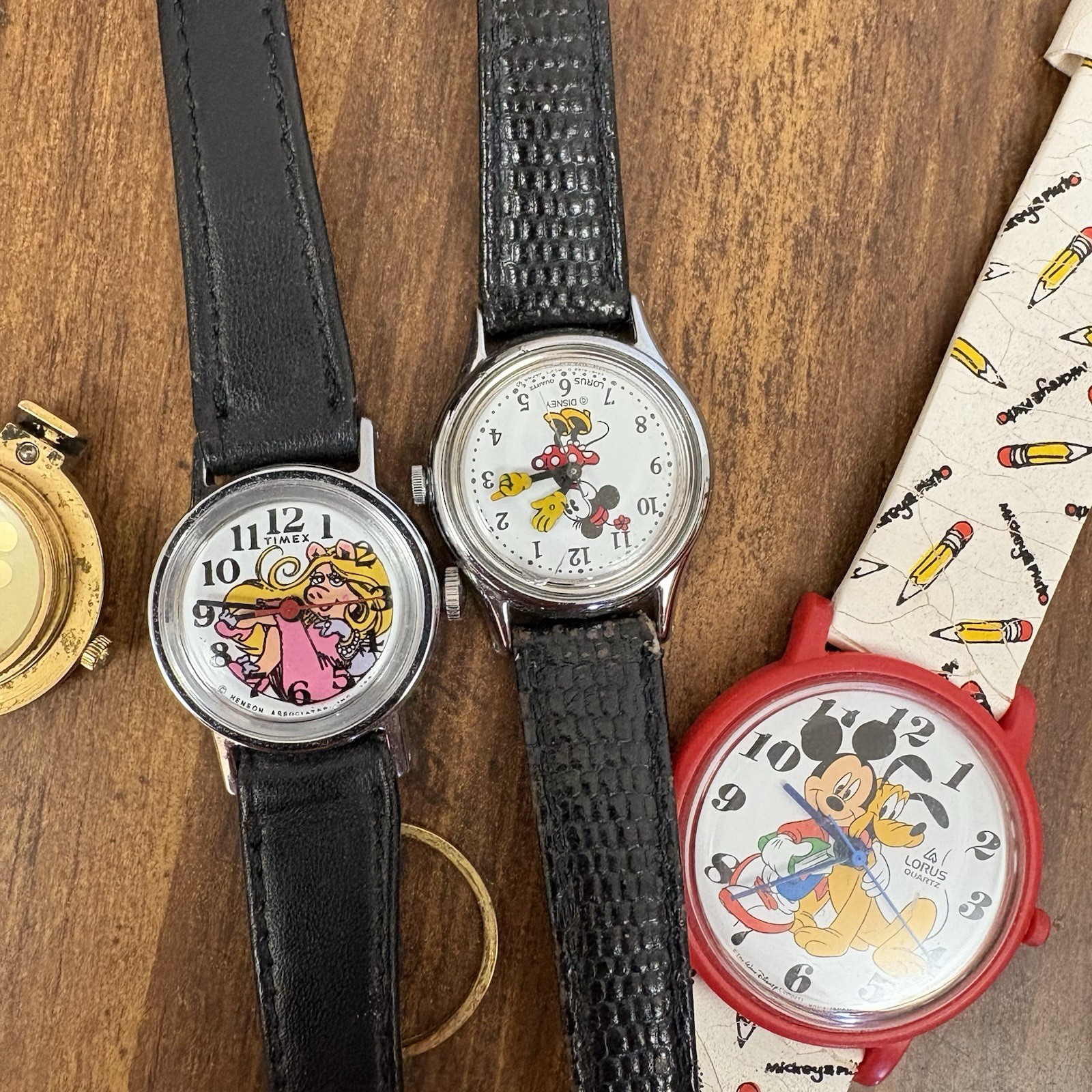 Lot Of 5 Non Working Mickey Mouse Watches For Parts & One New Band As Shown