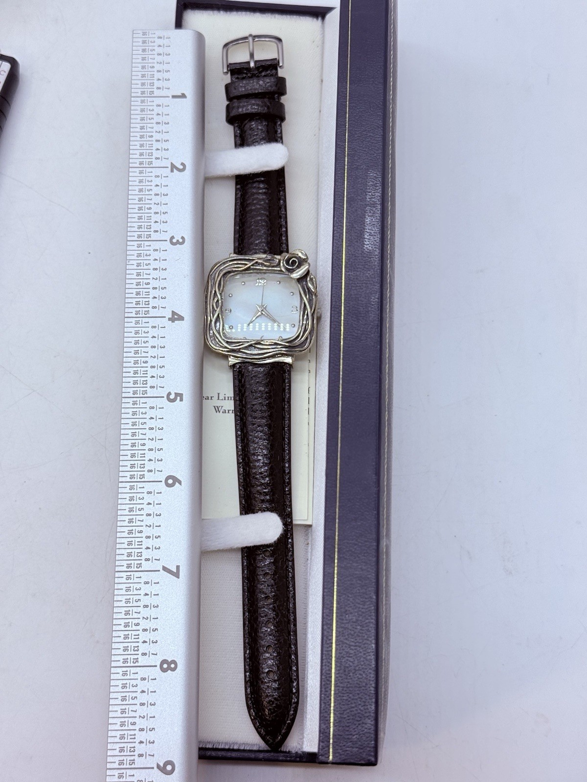 Or Paz Israel Silver Ladies Watch Black Leather Strap Rose Mother of Pearl Face
