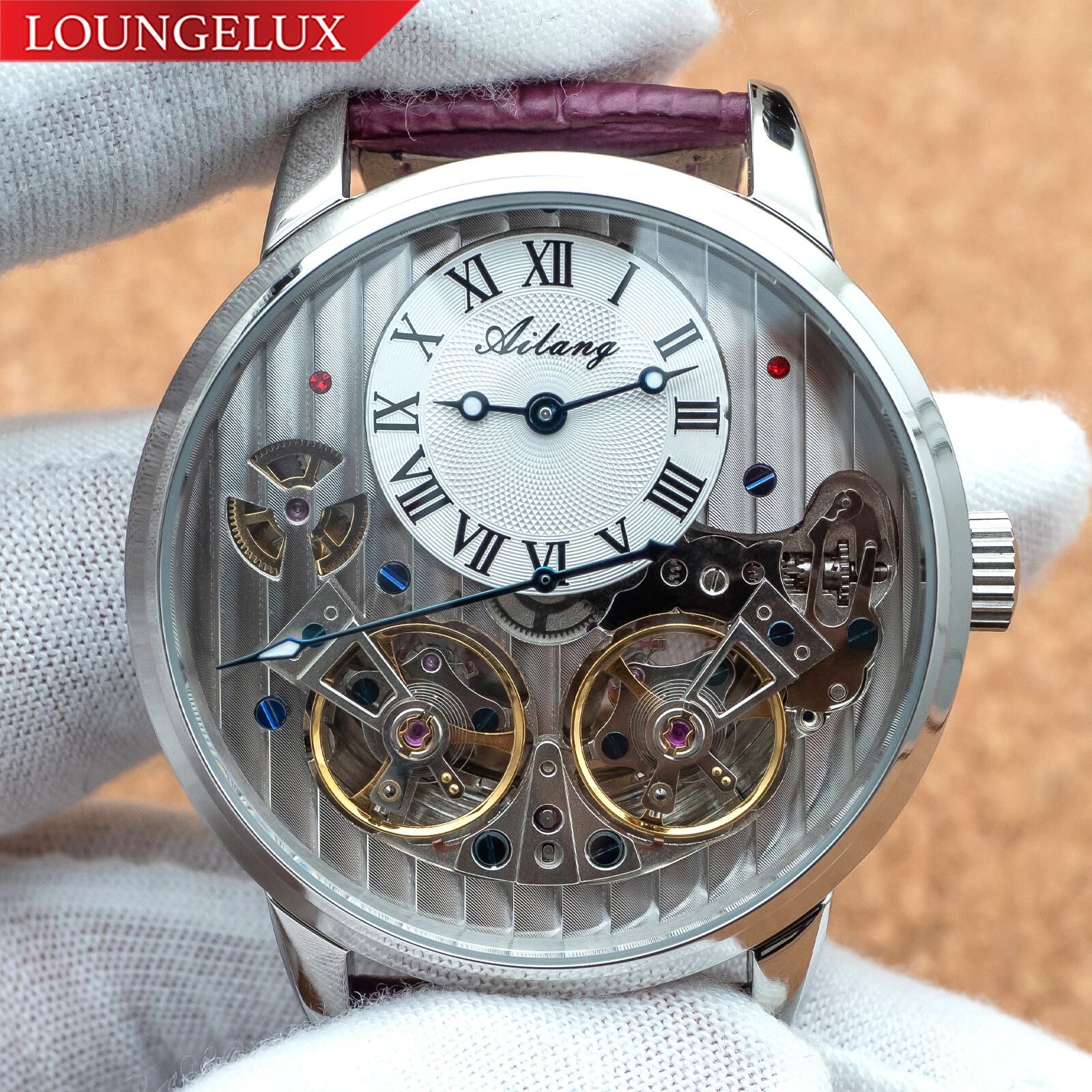 Mens Double Flywheel Skeleton Automatic Mechanical Leather Watch Silver Purple