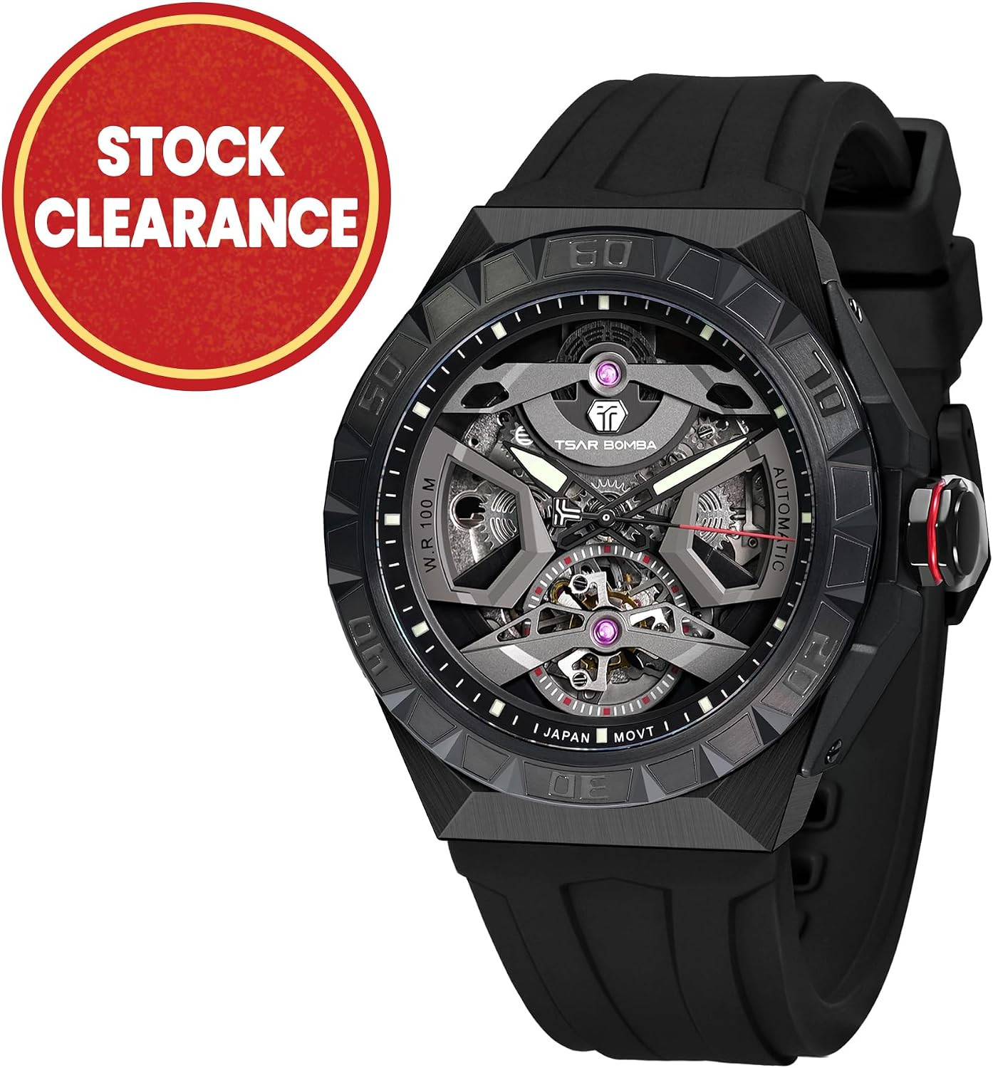 Luxury Men’s Automatic Skeleton Watch 100M Waterproof Octagon Dial FKM Strap
