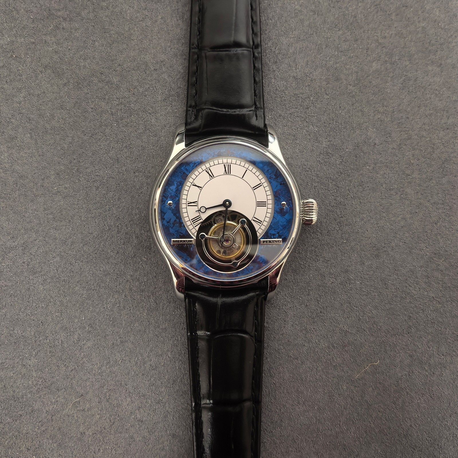 Merkur Men Tourbillon Watch Mechanical Wristwatch Sapphire Crystal Stone Dial