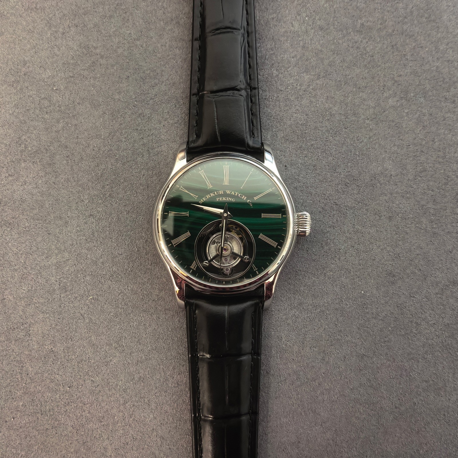 Merkur Men Tourbillon Watch 42mm Mechanical Wristwatch Sapphie Green Stone Dial