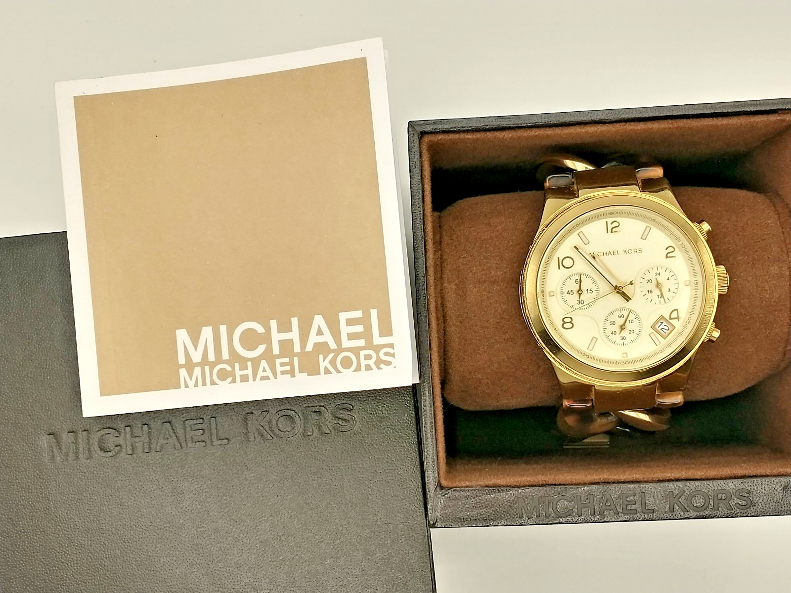 MICHAEL KORS Runway Ladies Chronograph, Goldtone & Tortoise, MK4222, Box & Book