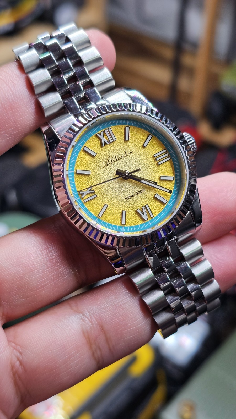 Addiesdive AD2535 Quartz Watch 36mm Yellow Dial VH31 Sweep Seconds, Works Great!