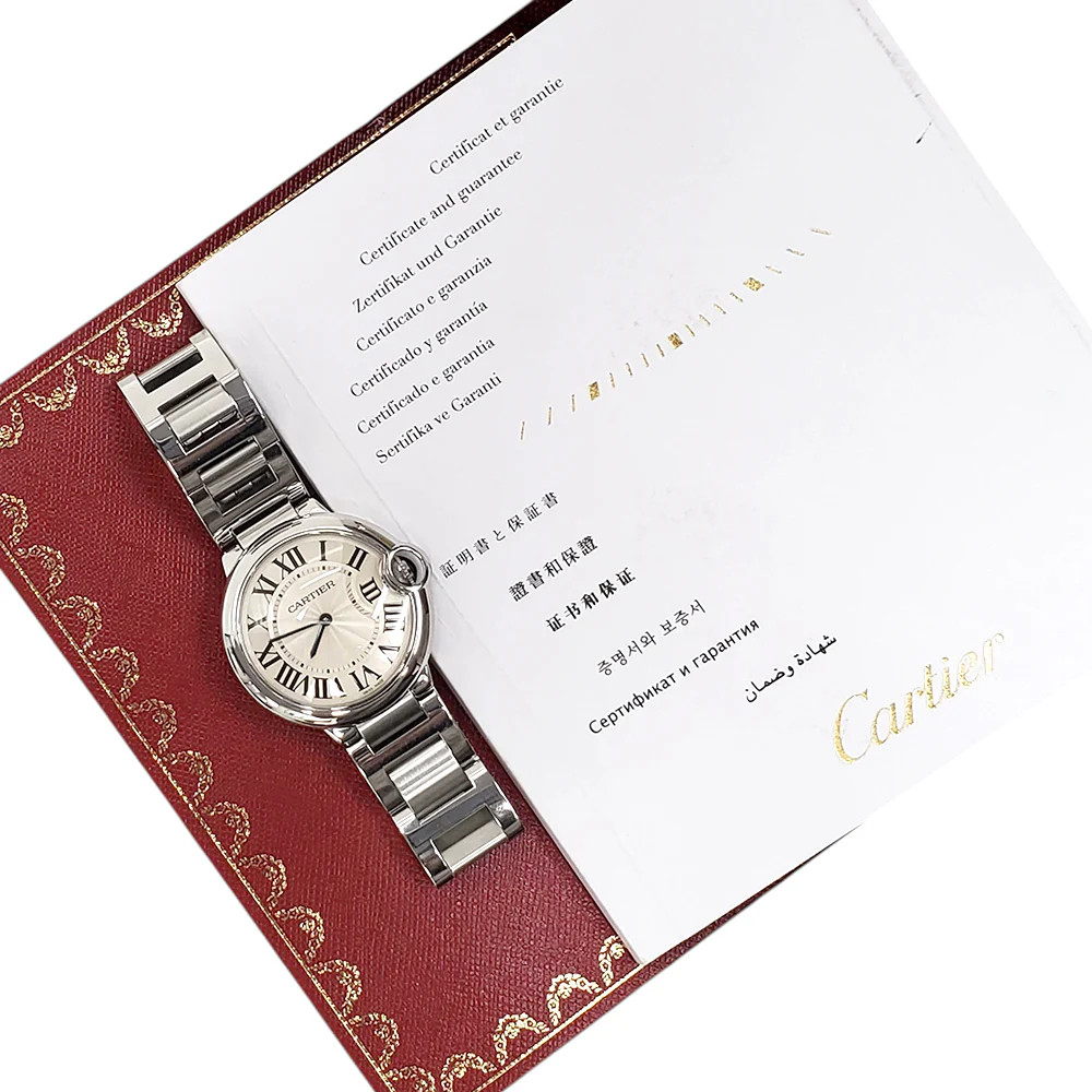 Cartier Ballon Bleu 36mm Silver Roman Quartz Steel Watch W69011Z4 3005 Papers