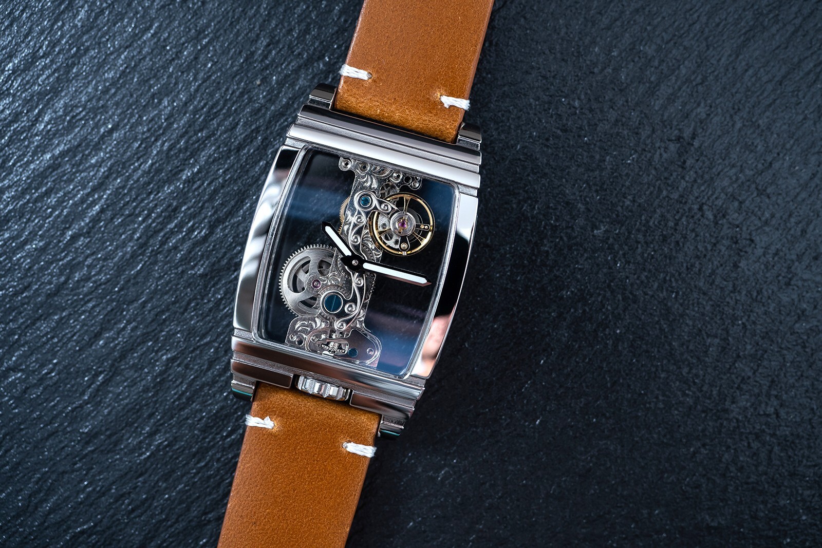 Mens Silver Manual Mechanical Watch Dark Tan LT. Brown Oil Waxed Vintage Leather