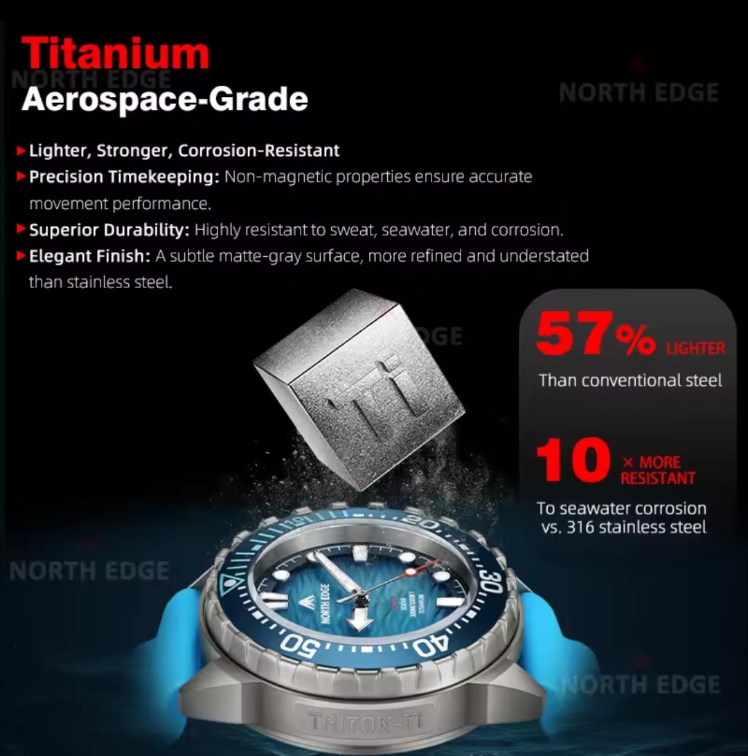 NORTH EDGE TRITON-TI Titanium Stainless Solar-Powered Diving Watch Luxury Quartz