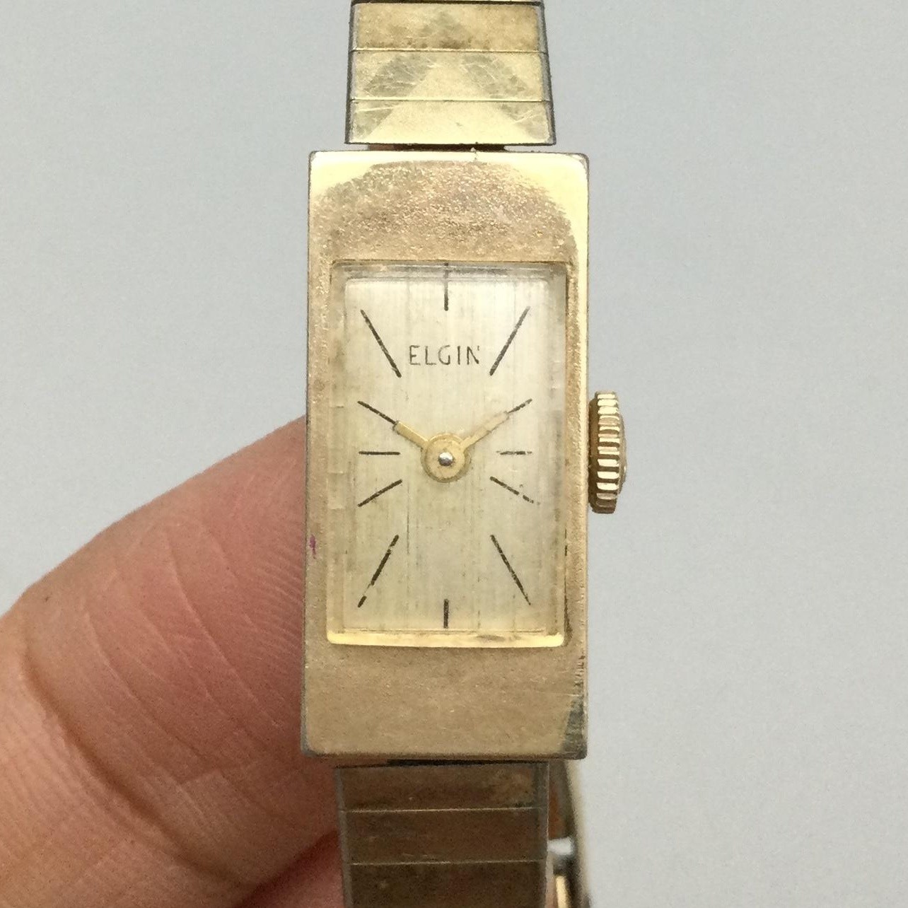 Vintage Elgin Womens Watch 11mm Rectangle 10K Rolled Gold Plate Manual Wind 7″