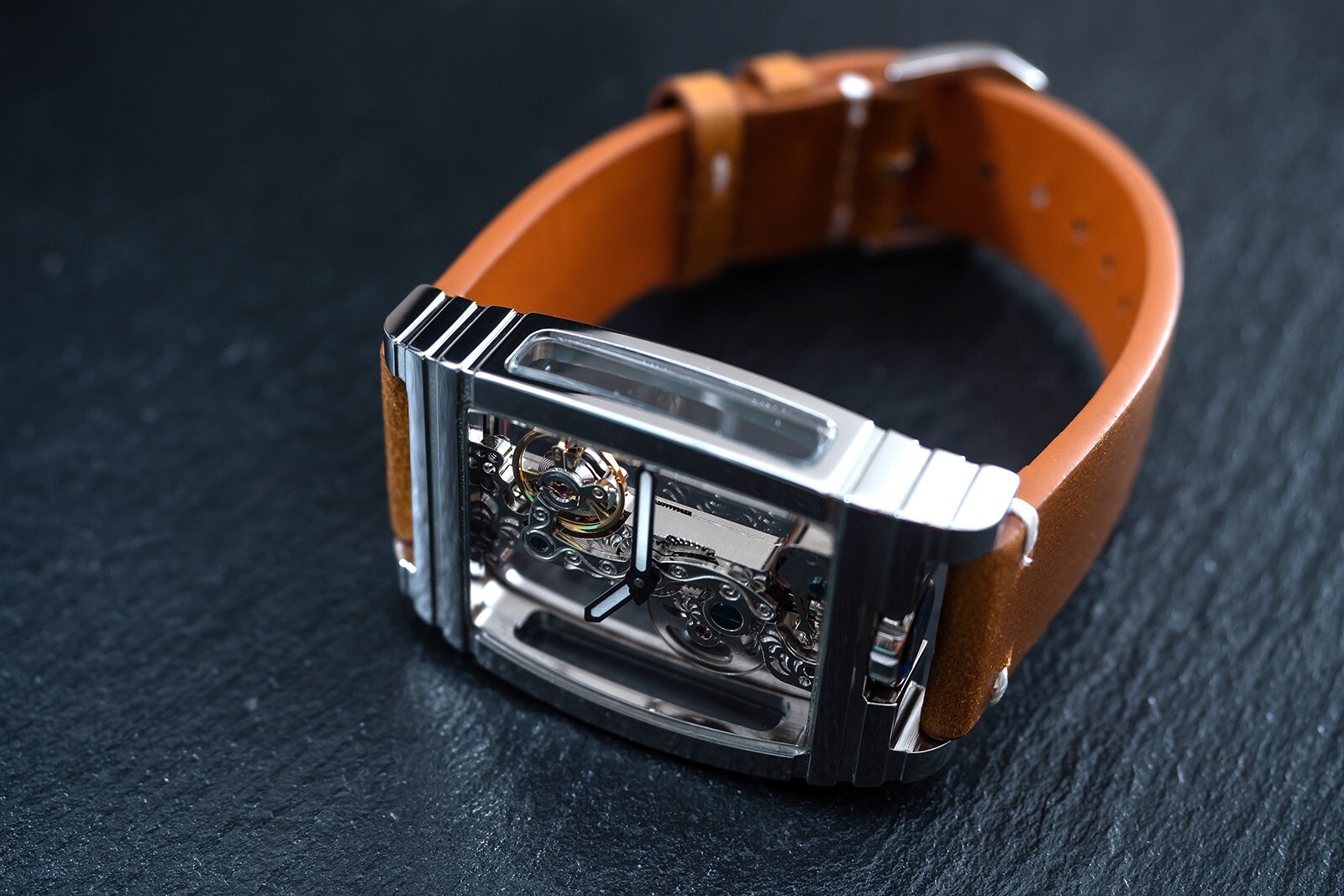 Mens Silver Manual Mechanical Watch Dark Tan LT. Brown Oil Waxed Vintage Leather