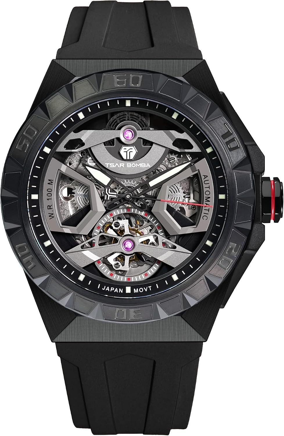 Luxury Men’s Automatic Skeleton Watch 100M Waterproof Octagon Dial FKM Strap