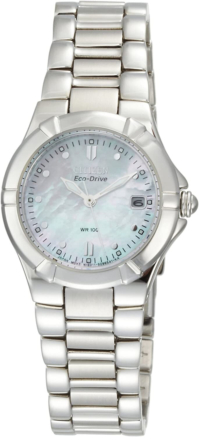 Citizen Eco-Drive EW1530-58D Silver Tone White MOP Date Dial Womens Watch