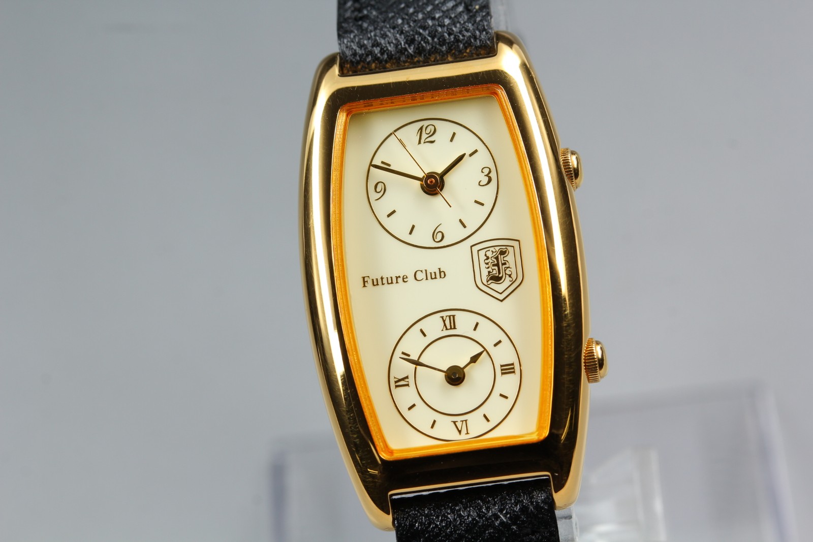 Vtg 1985 Future Club FC-020 Dual Time Gold Tonneau Quartz Womens Watch JAPAN