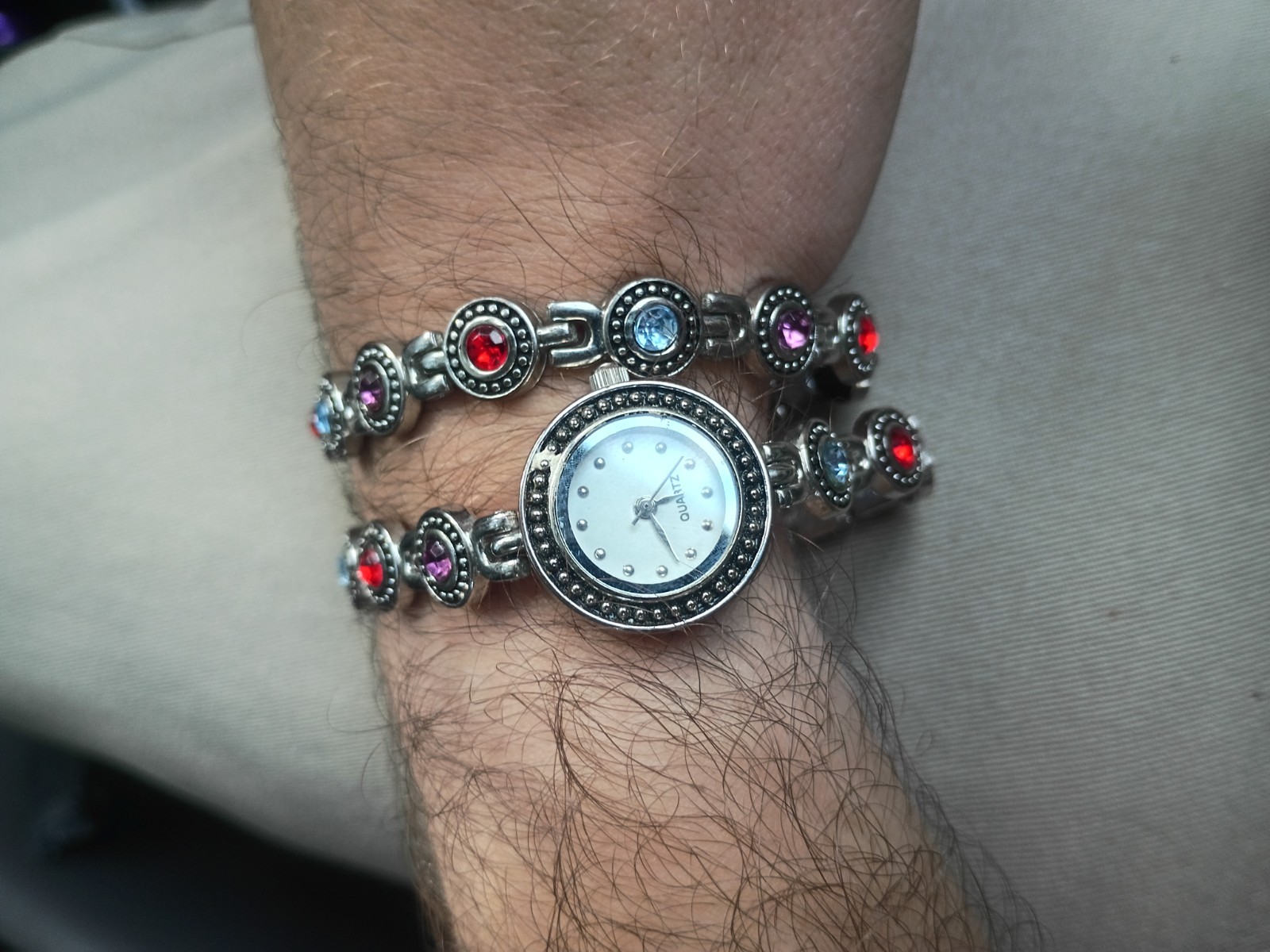 Silver Tone Bracelet, Watch & Necklace Set – Red, Blue & Purple Rhinestones