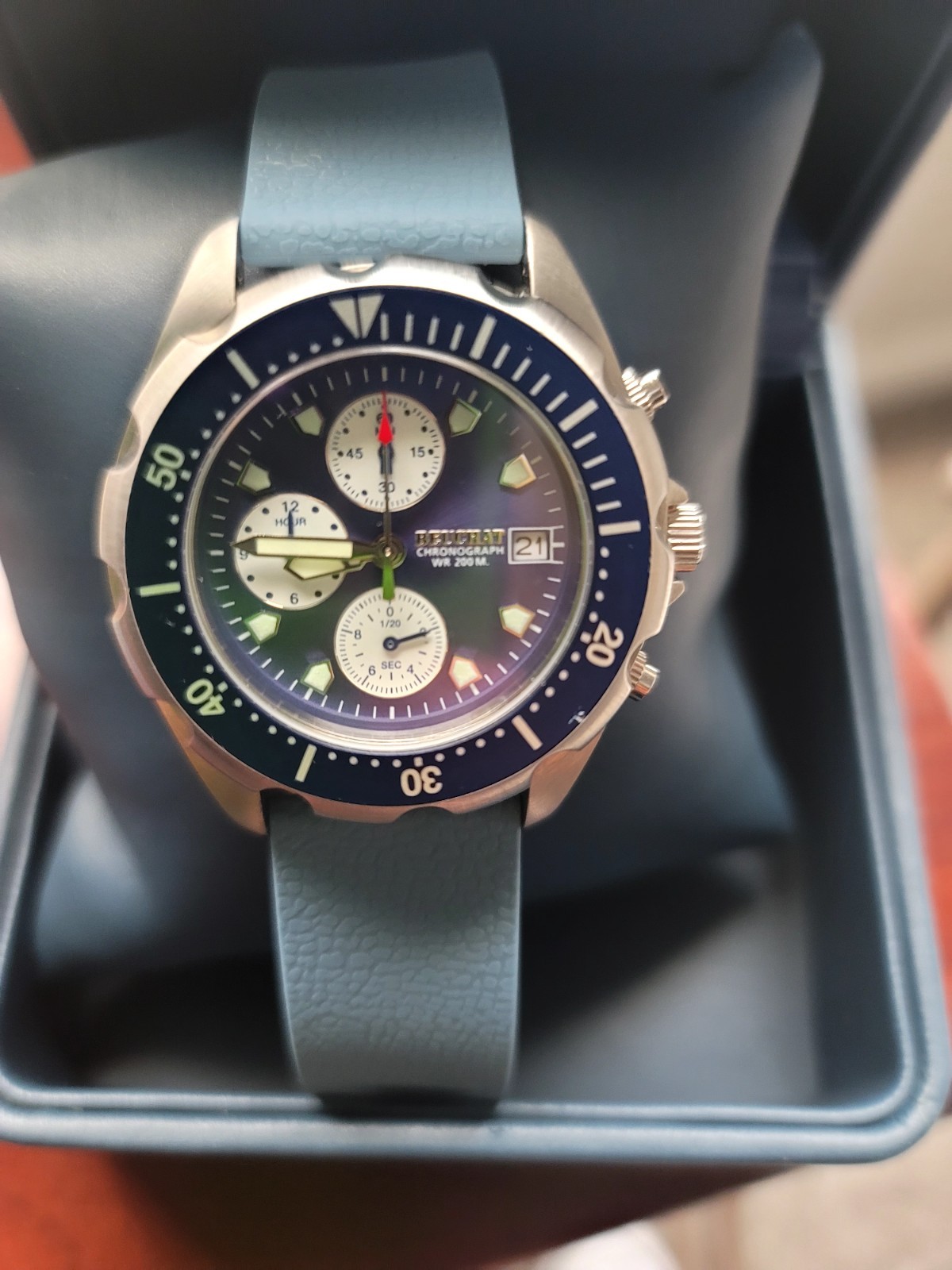 Beuchat Bon Mens Watch Blue Dial Diver 200M Steel Date Swiss Quartz Professional