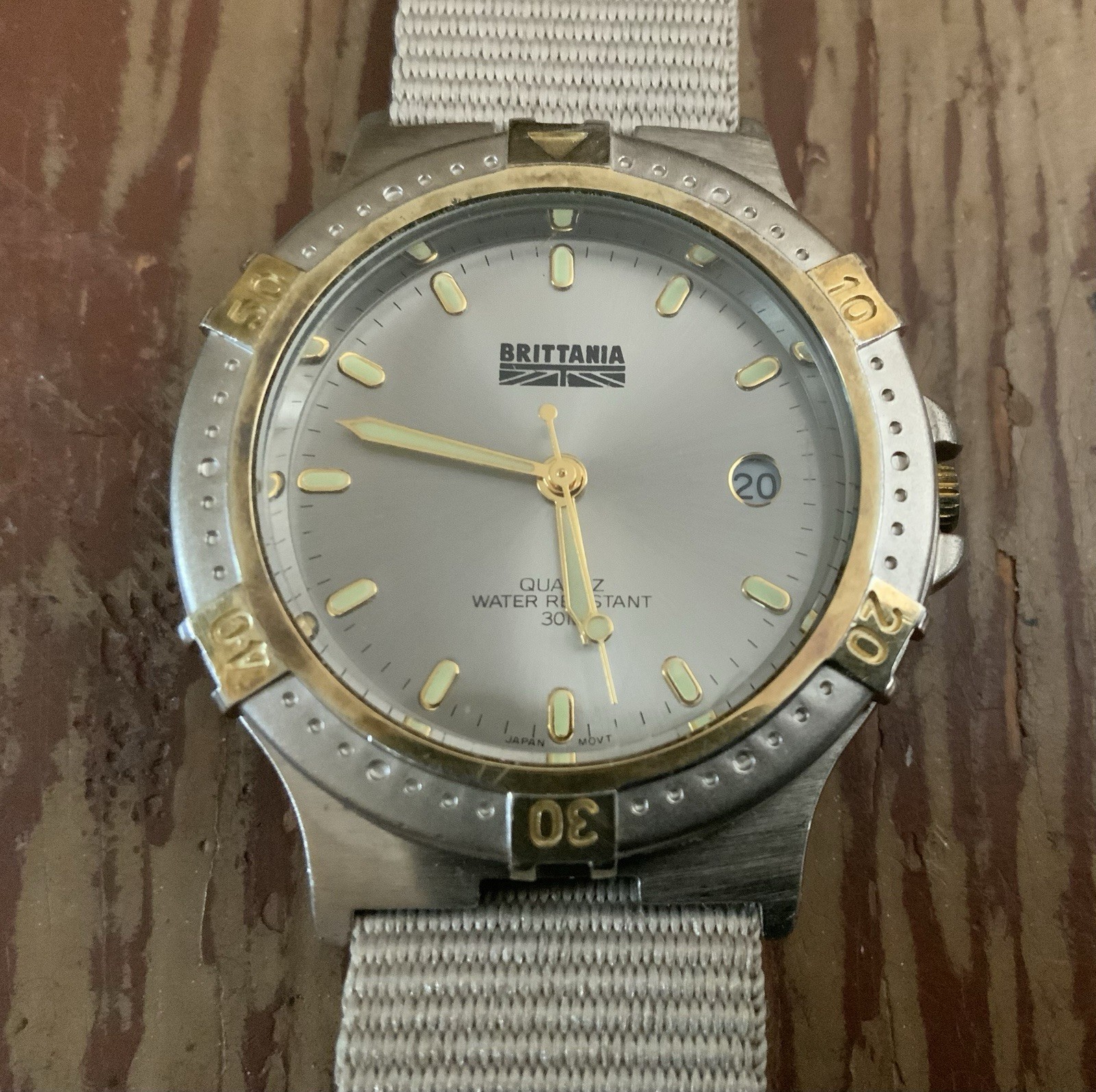Brittania Quartz 30M skin diver Wristwatch Two-Tone SS Silver Sunburst Dial dive
