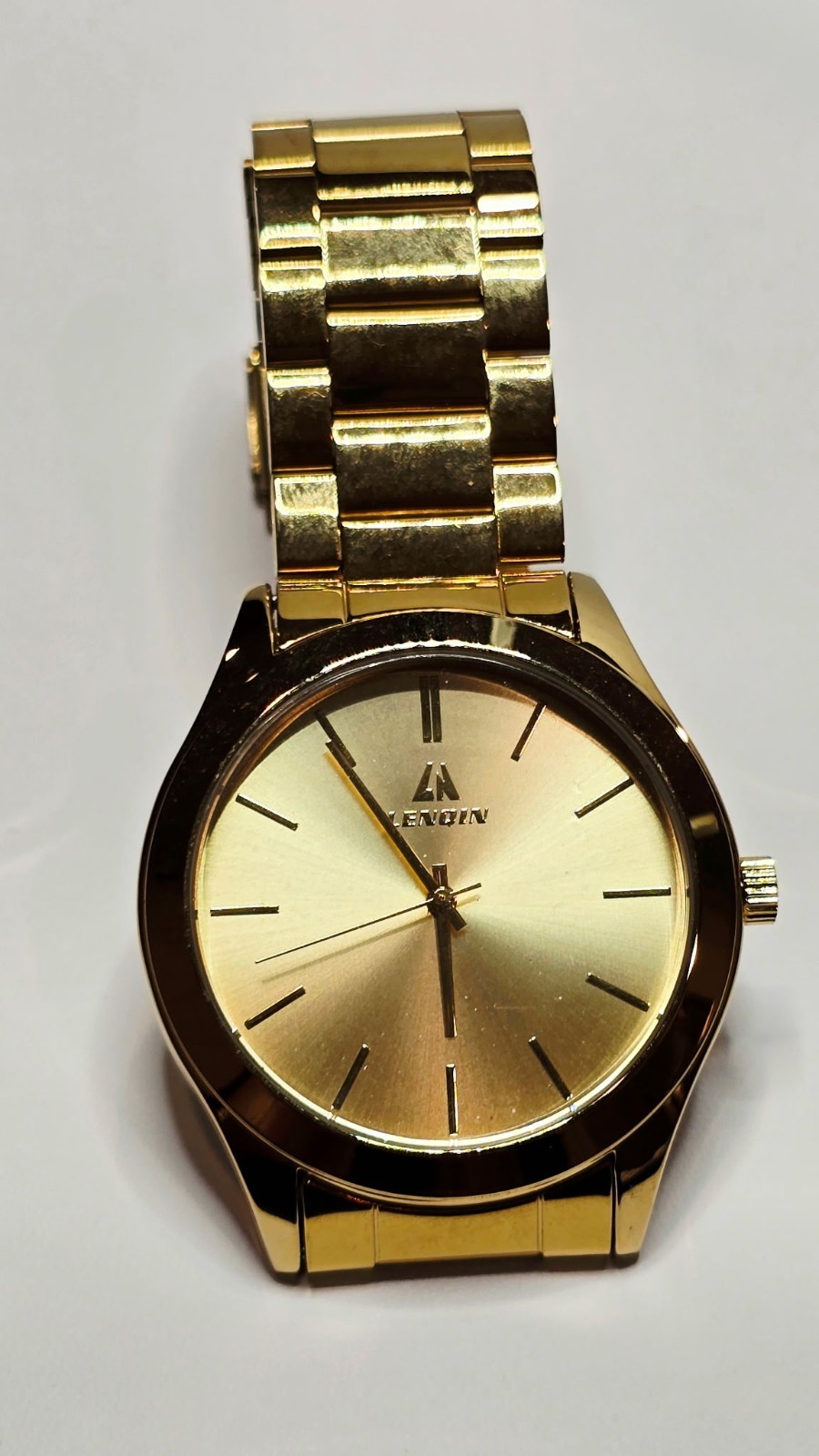 Lenoin Unisex Quartz Analog 50m 5ATM Gold Dial Gold Tone SS Bracelet Watch