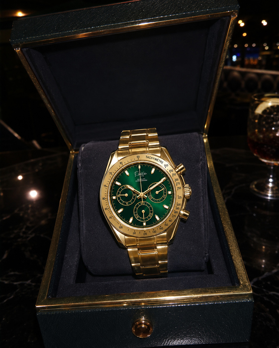 Élan Noir Chronograph Green & Gold Sapphire Crystal Stainless VK63 Quartz 41mm