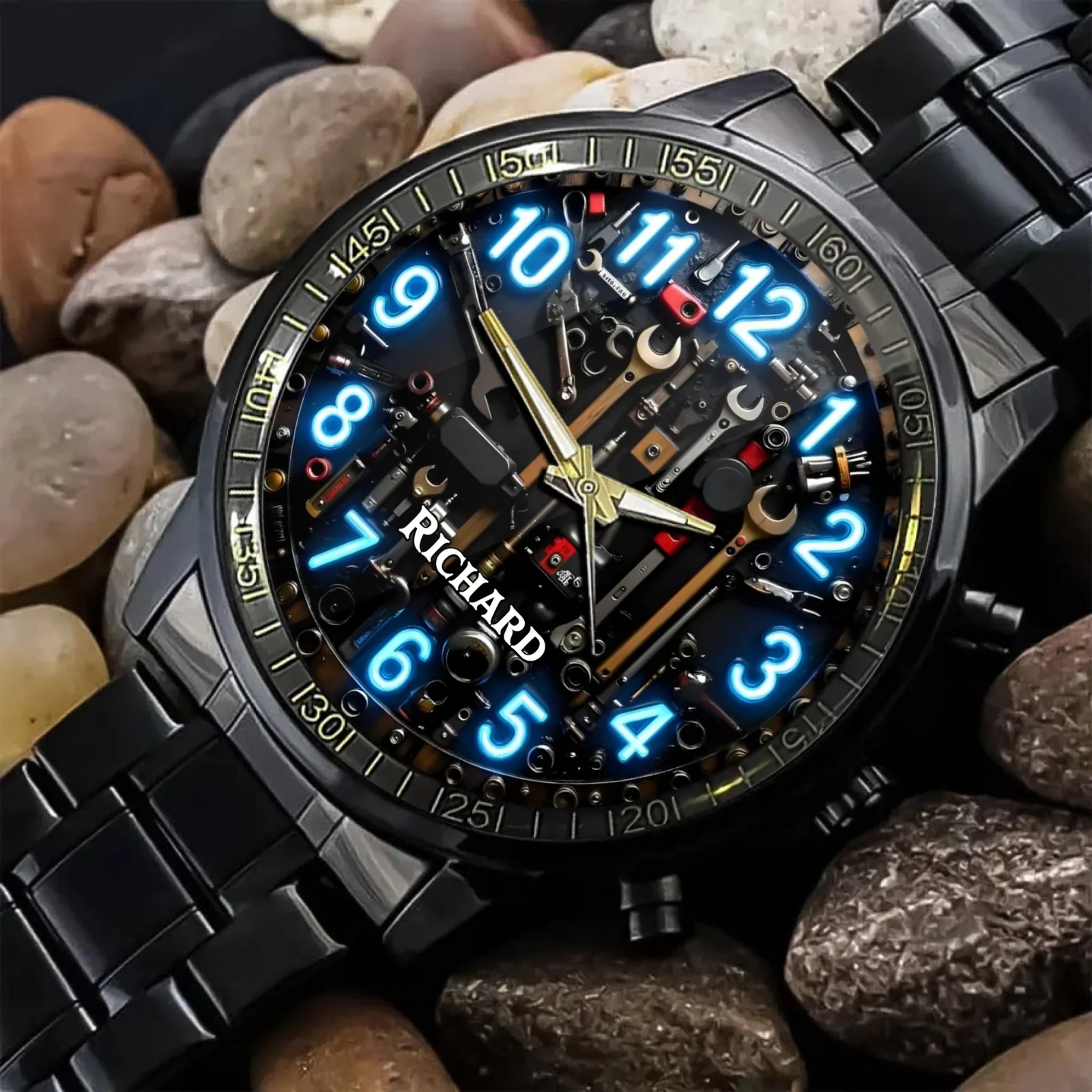 Personalized Tool Workshop Watch – Station & Glowing Number Theme with Custom Na