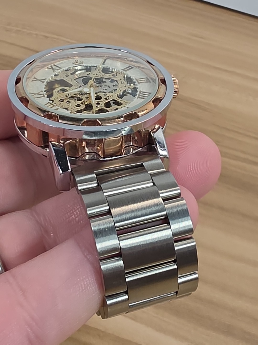 MG ORKINA AUTOMATIC SKELATON GOLD COLORED FACE WATCH WITH Silver BAND
