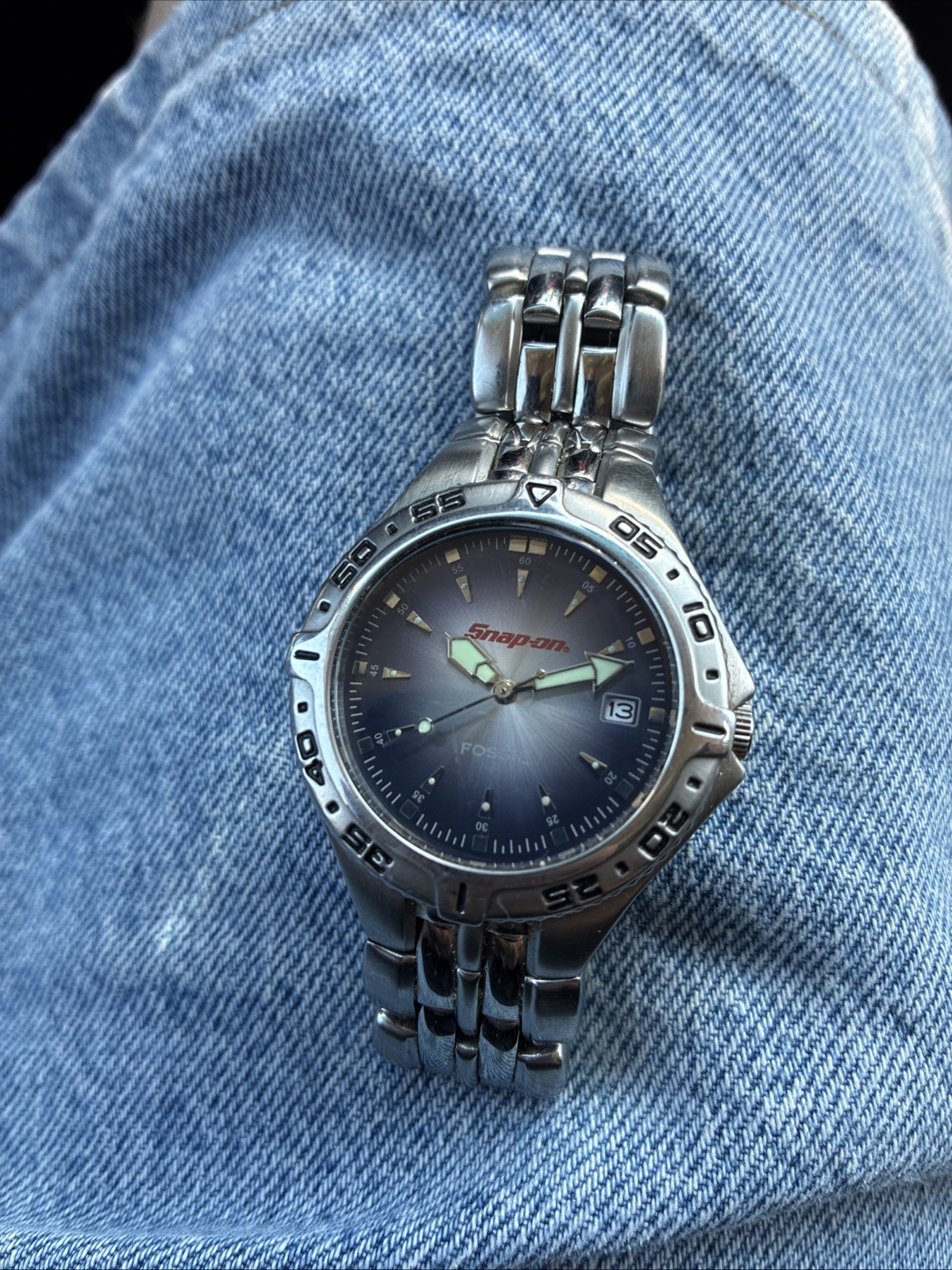 VTG Fossil Snap-on Watch 41mm Stainless Steel Date Glow In Dark Works!