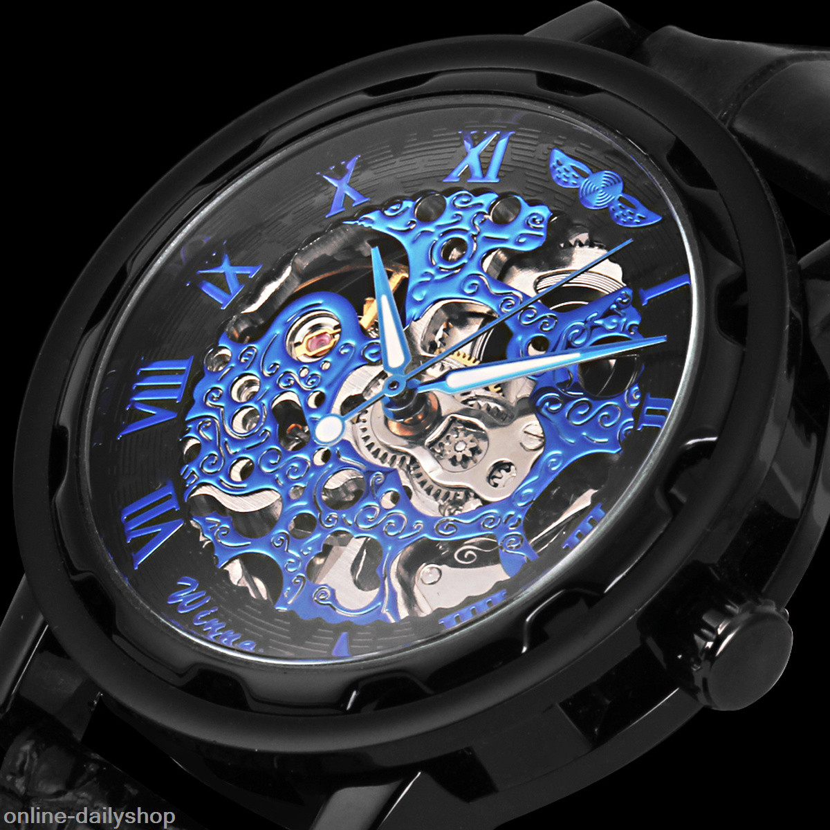 Men’s Skeleton Mechanical Wrist Watch Steampunk Luxury Black Leather Stainless