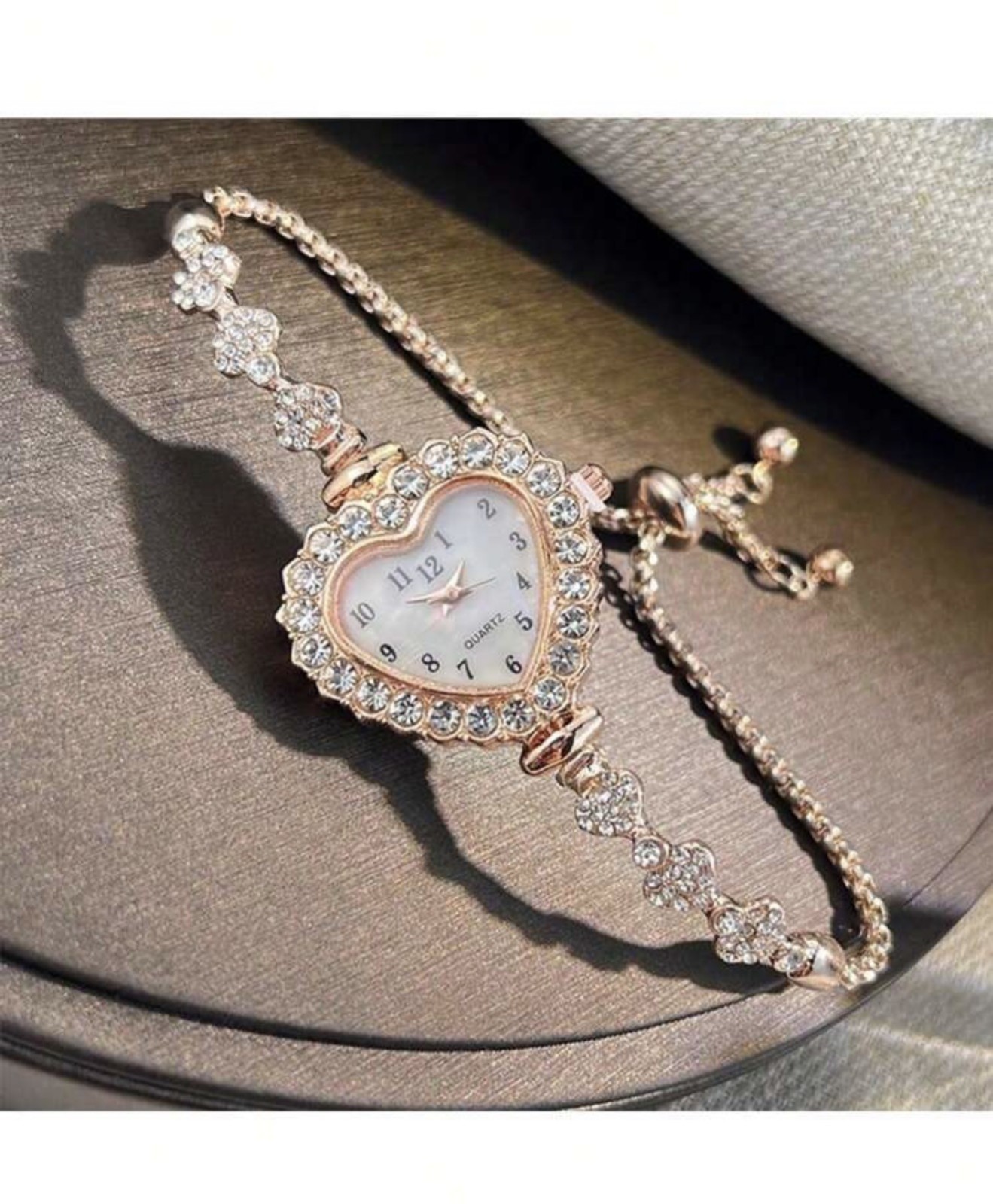 Women’s Heart-Shaped Analog Quartz Bracelet Watch, Rhinestone Bezel Gold/Rose