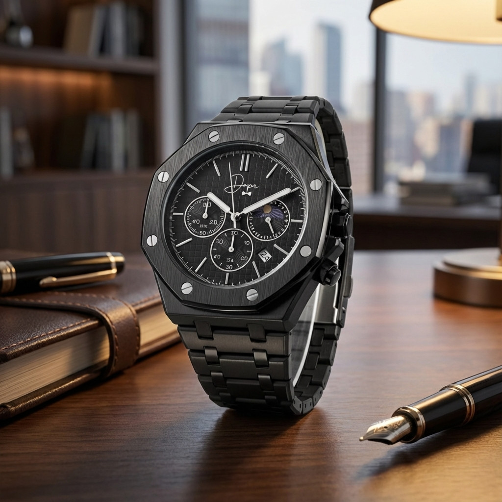 Black Stainless Steel Watch – ChronoLunar All Black by Dapper Watches